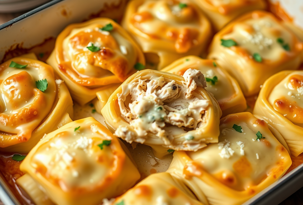 chicken alfredo lasagna rolls ups