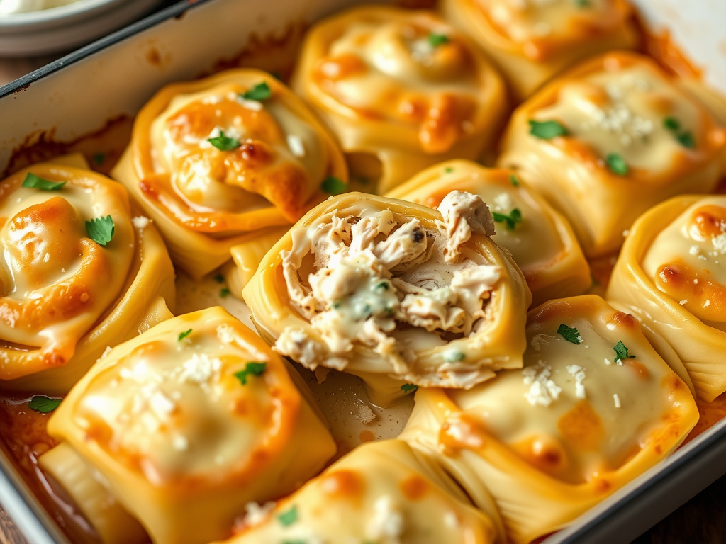 chicken alfredo lasagna rolls ups